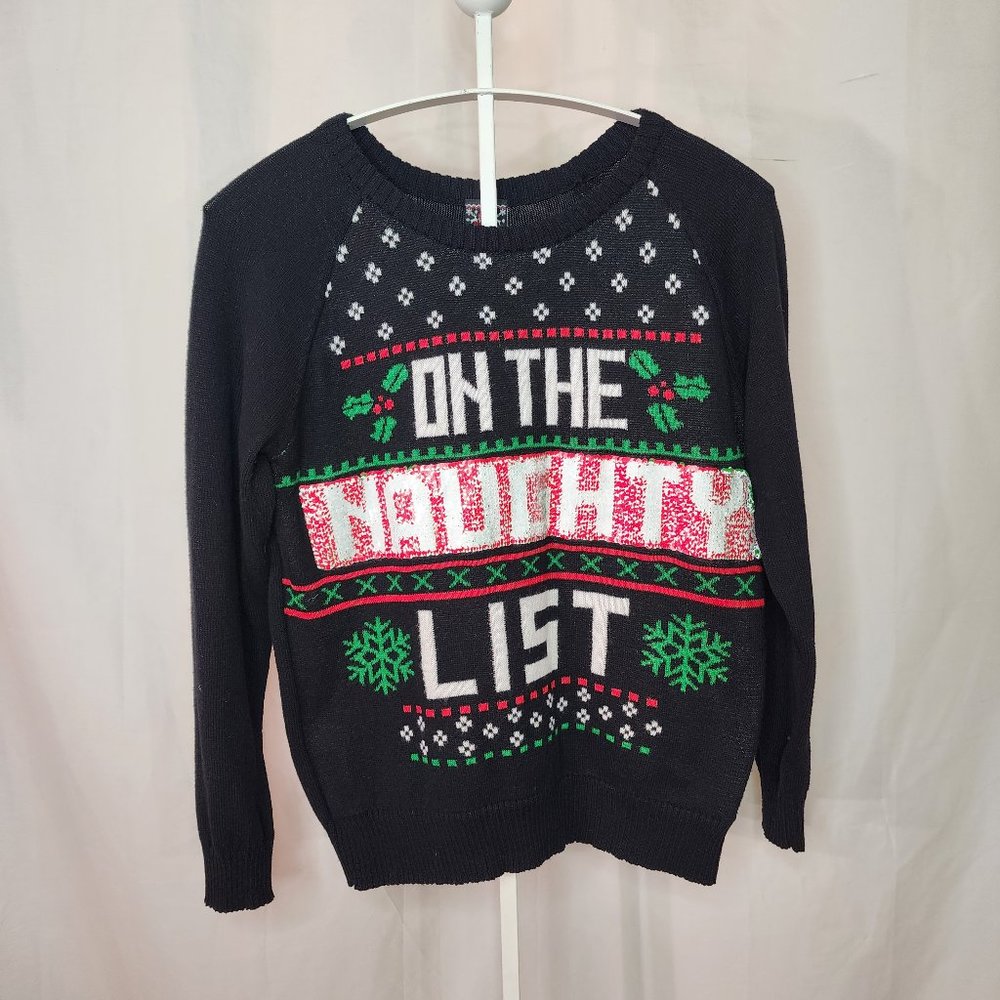 Well Worn Holiday Womens Christmas Sweater Size Large Flip Sequins Naughty/Nice